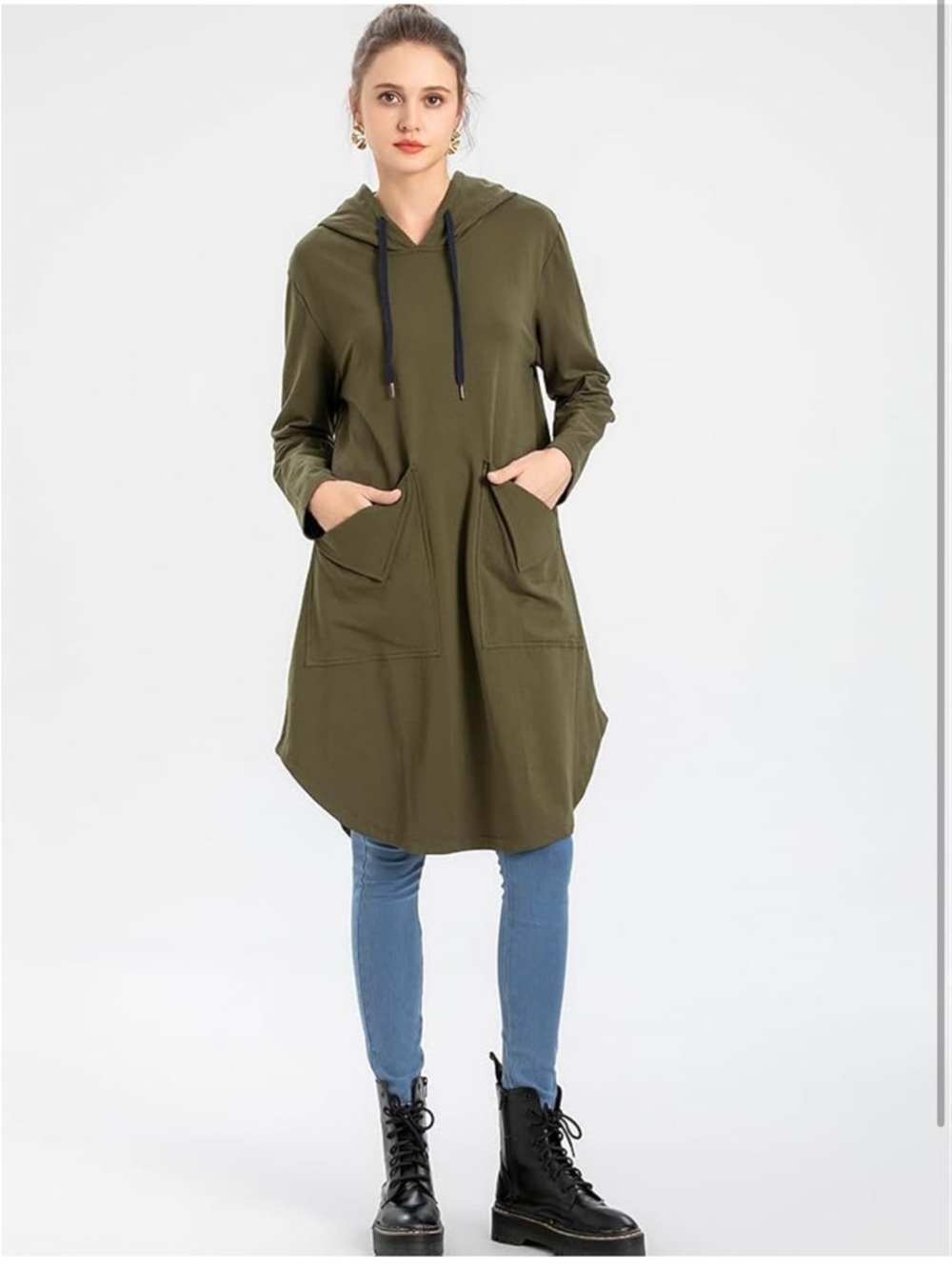 Olive Green Hooded Tunic Sweatshirt Dress